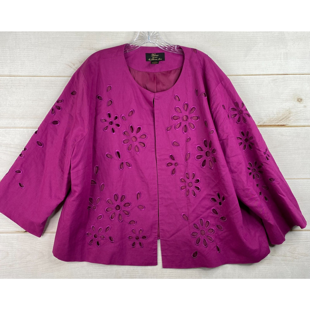 Trenz by Theresa Renz Linen Jacket Womens 3X Pink Cut Out Open Front Lined Vtg